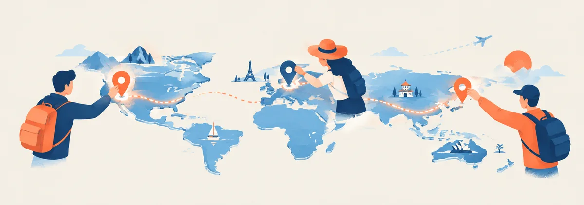 Three travelers placing pins on a shared world map, tracing one connected route