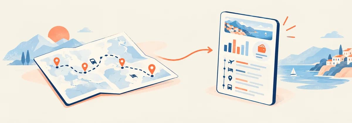 A travel itinerary map transforming into an infographic card with stats, budget and route