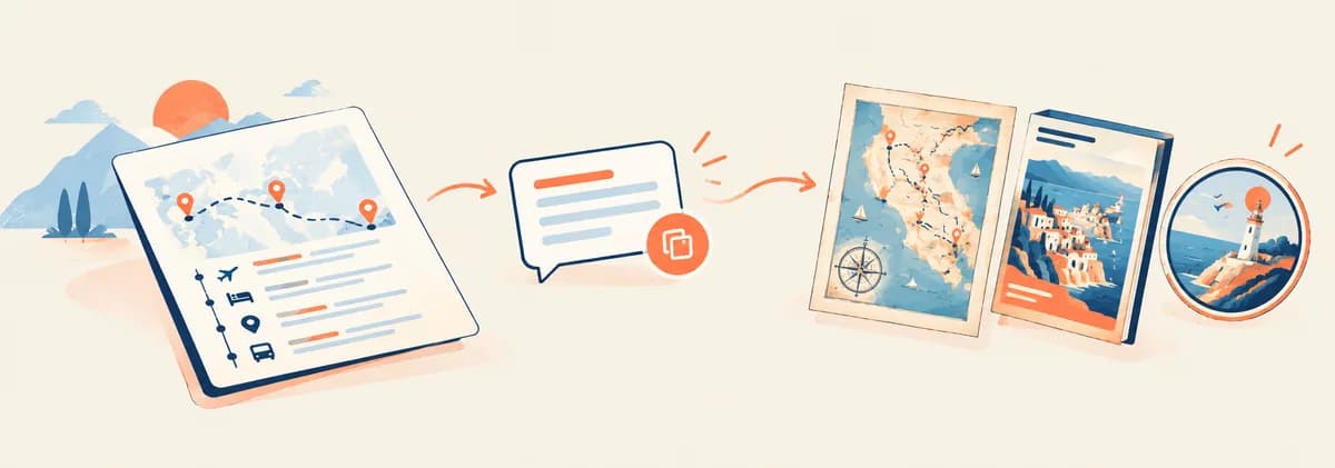 A travel itinerary turning into a text prompt, then into a map, travel guide, and badge