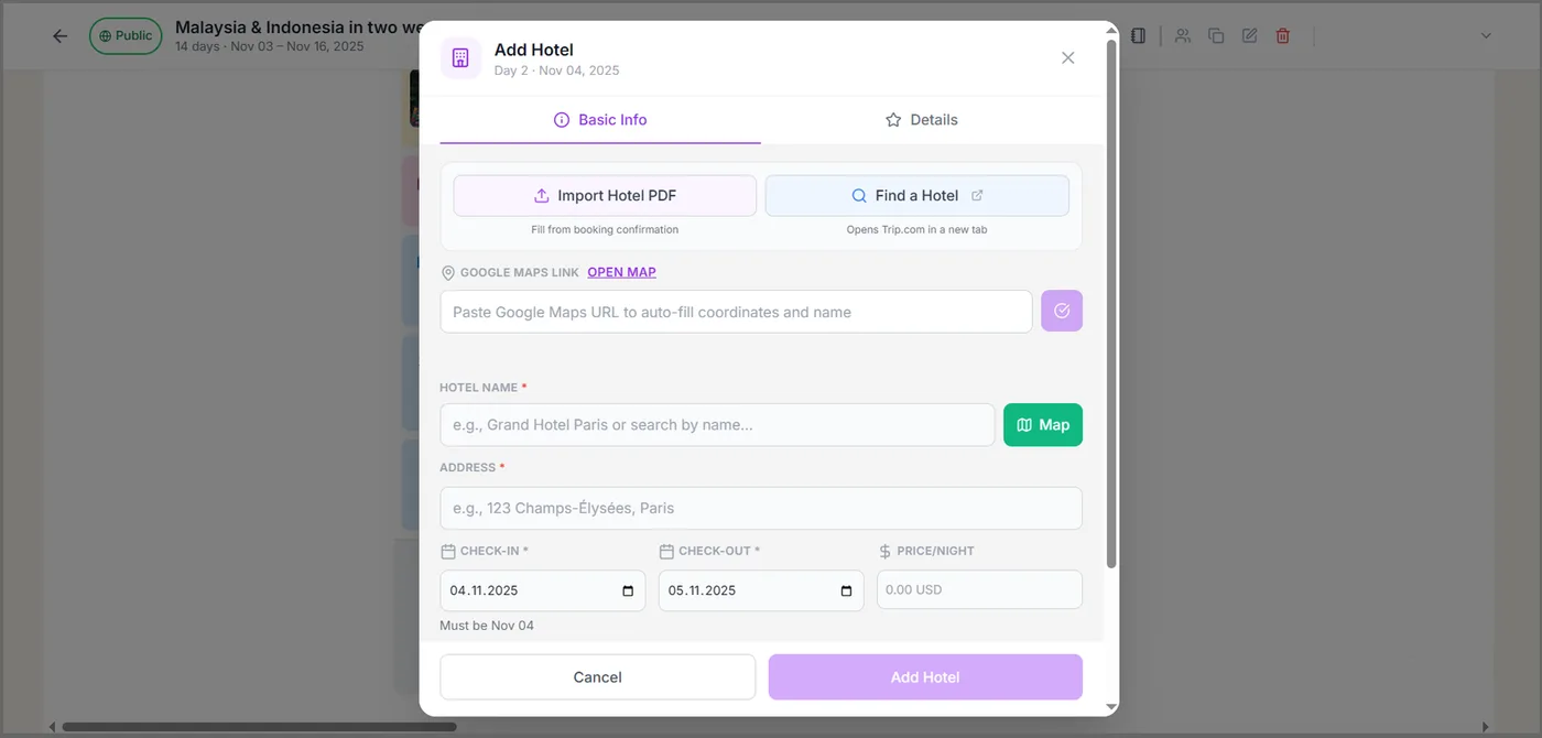 Add hotel dialog with PDF import, Trip.com search, and fields for check-in, check-out, and price per night