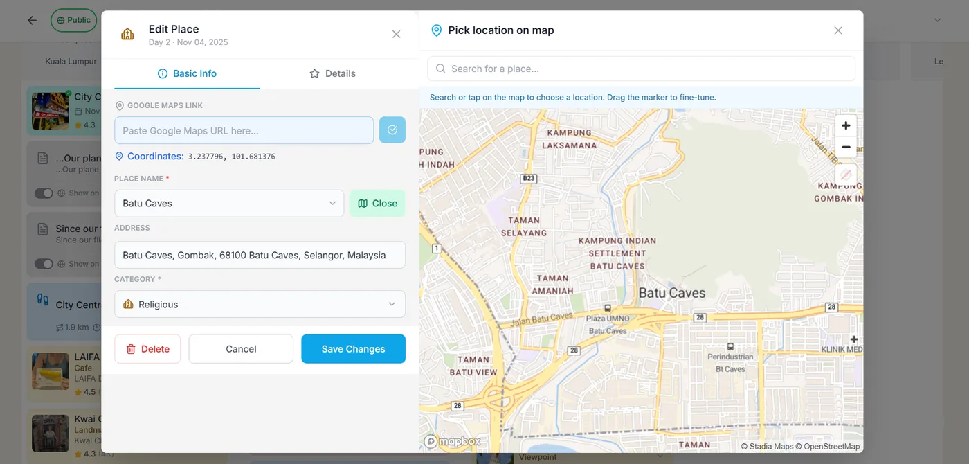Add place dialog with a map to pick a location and fields for name, address, and category