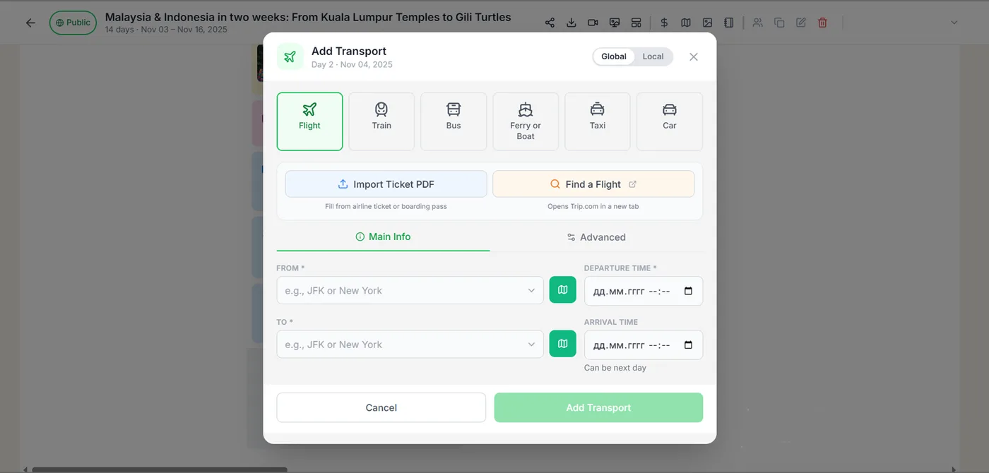Add transport dialog with flight, train, bus, ferry, taxi, and car types, ticket PDF import, and fields for departure and arrival