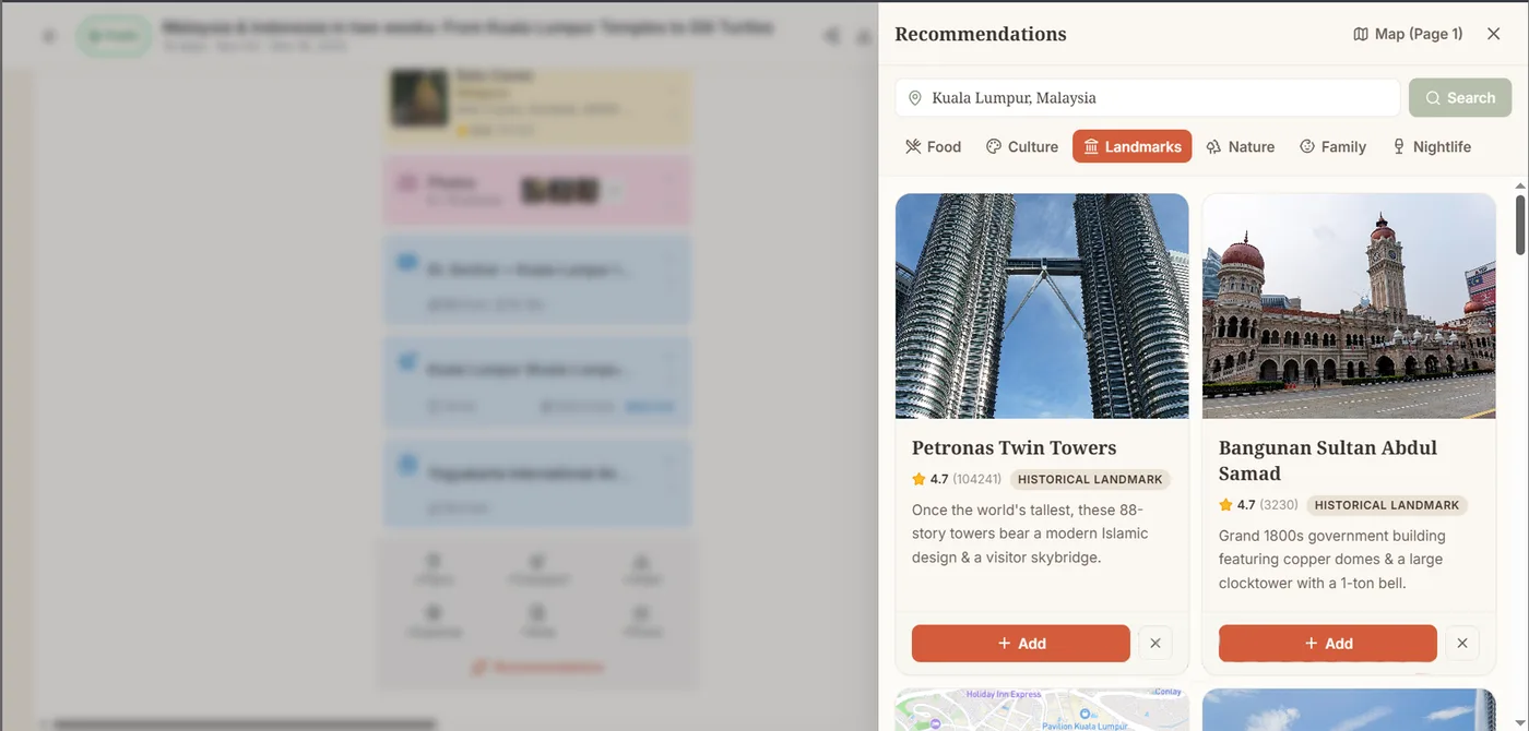 Curated place recommendations for a destination with photos, ratings, and descriptions, addable to a day with one click