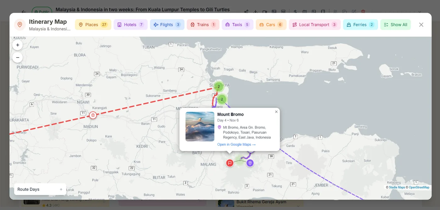 Interactive itinerary map showing places, hotels, and transport routes across a trip