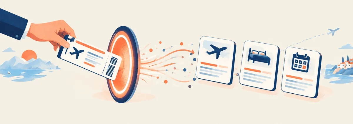 A boarding pass dropped into a glowing portal, emerging on the other side as organized flight, hotel, and calendar cards