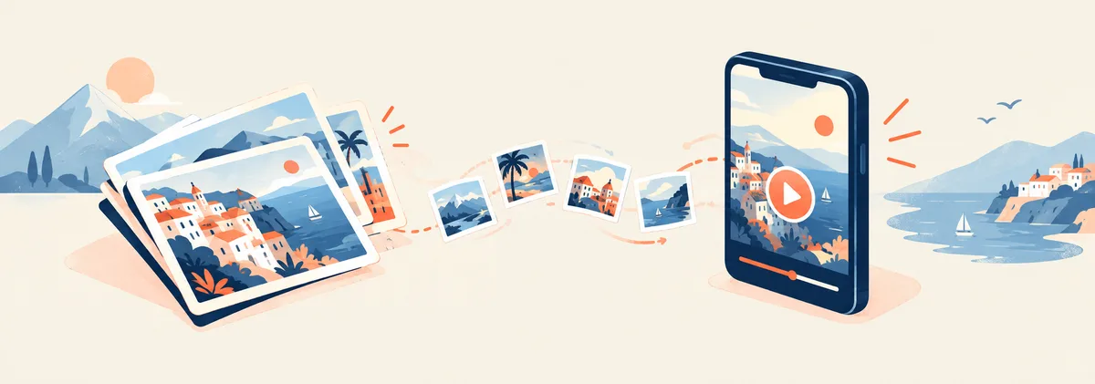 Travel photos flowing into a phone screen playing a slideshow video